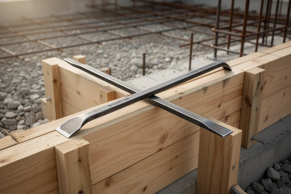 Steel pry bar resting on a concrete formwork panel at a jobsite