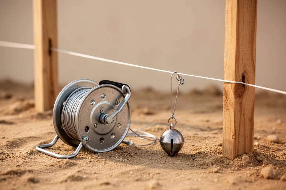 Compact steel string reel with line spooled out on a sandy jobsite