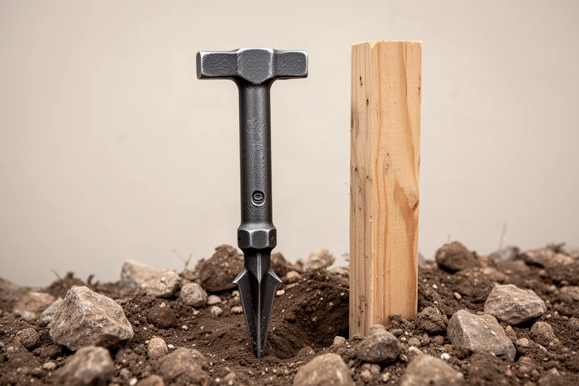 Single-jack hammer with digging spur driven into rocky ground beside a wooden stake