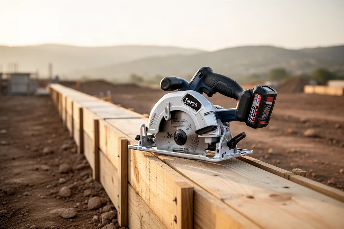 Cordless circular saw resting on a long wooden concrete form in an open field