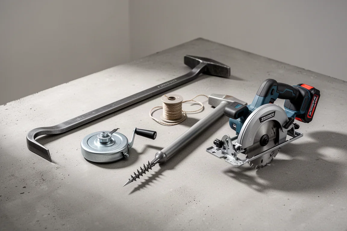 Werkzeuge für das Setzen von Betonschalungen, darunter ein Brecheisen, ein Maßband, ein Hammer und eine Handkreissäge auf Beton