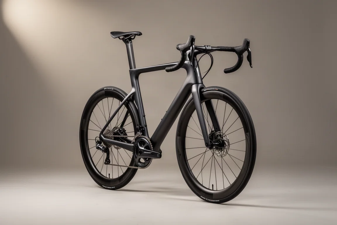 Carbon racefiets in driekwartaanzicht op een betonnen vloer tegen een grijze achtergrond