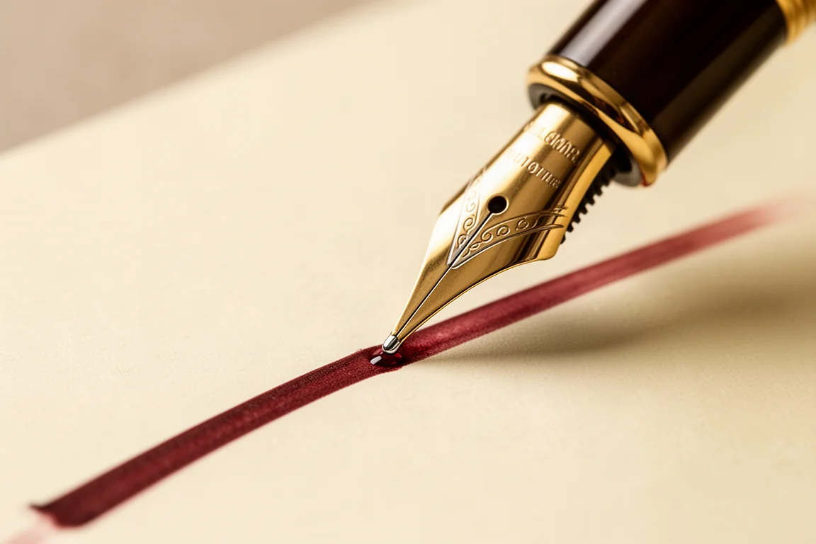 Plume d'un stylo plume touchant le papier au milieu d'un mot, avec un ombrage d'encre visible