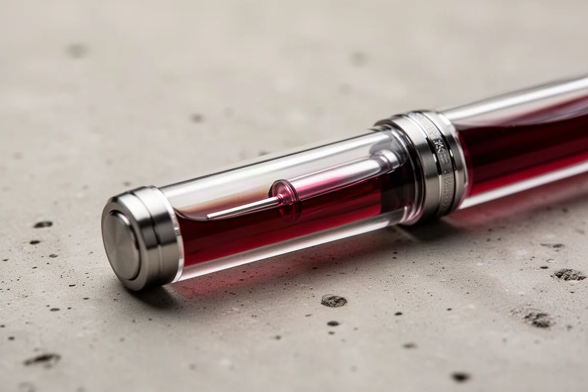 Corps transparent d'un stylo plume demonstrator rempli d'encre rouge sur un bureau