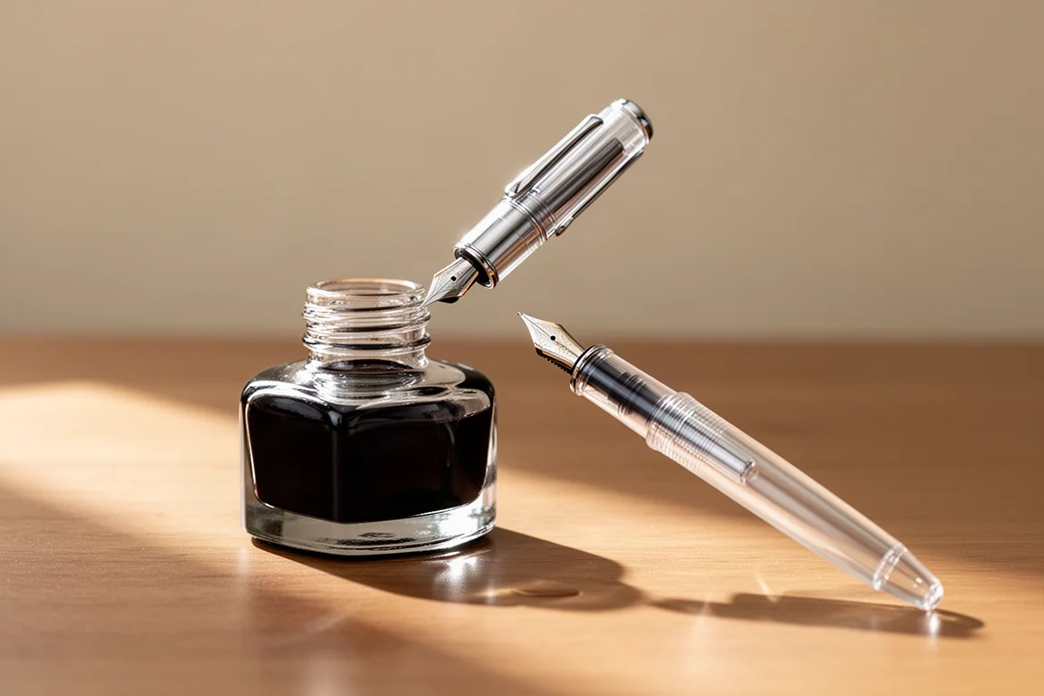 Mains remplissant un stylo plume à partir d'un flacon d'encre en verre