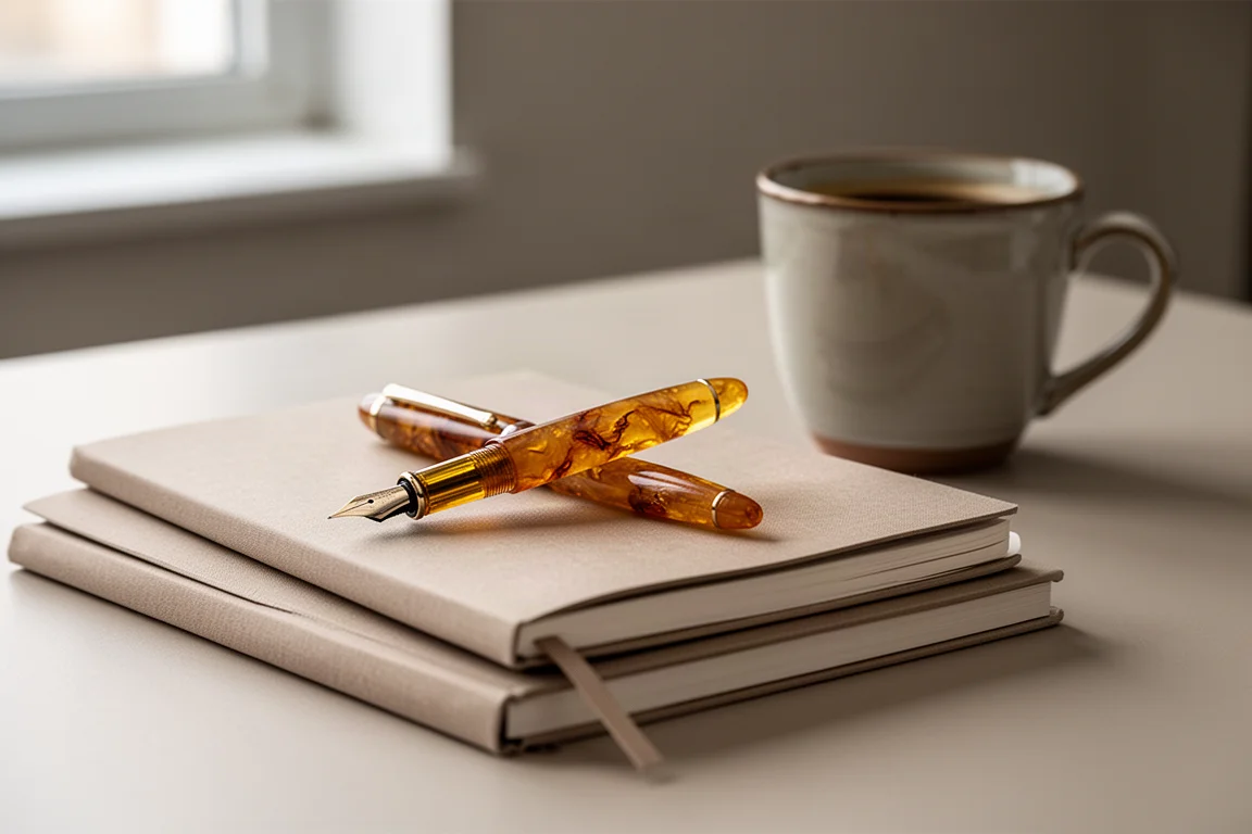 Cena de escrivaninha com caneta tinteiro, caderno e xícara de café em luz suave