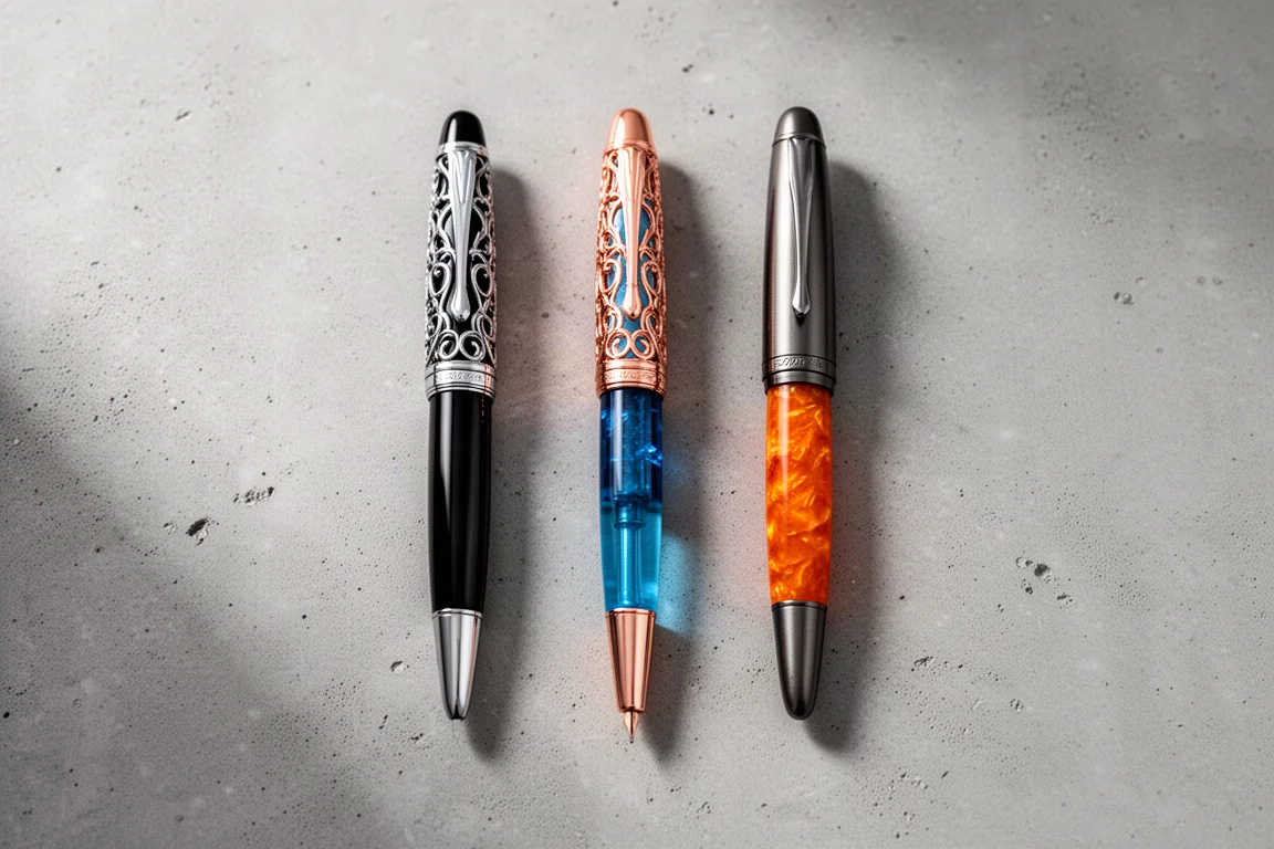 Drei Füllfederhalter mit Metall-Filigranauflage in den Farbvarianten Schwarz, Blau und Orange
