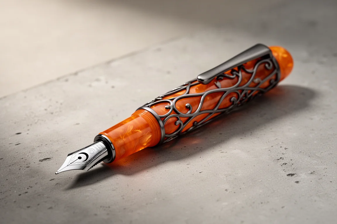 Conklin Endura Deco Crest fountain pen in orange with gunmetal overlay on concrete