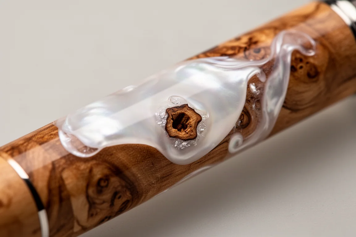 Close-up of a fountain pen barrel showing pearlescent white resin swirling over brown maple wood grain