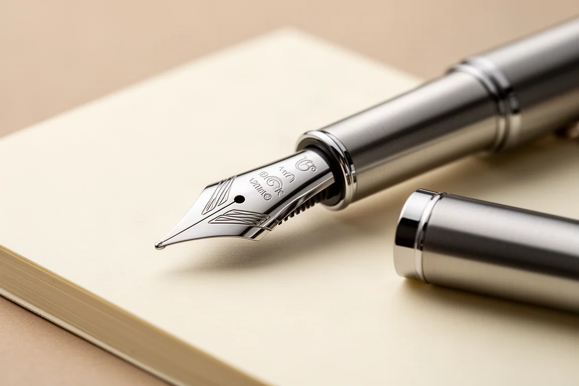 Stainless steel number six fountain pen nib with cut-in fins resting on a notebook page