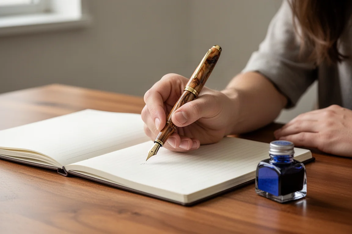 Hand uncapping a fountain pen over an open notebook on a wooden desk
