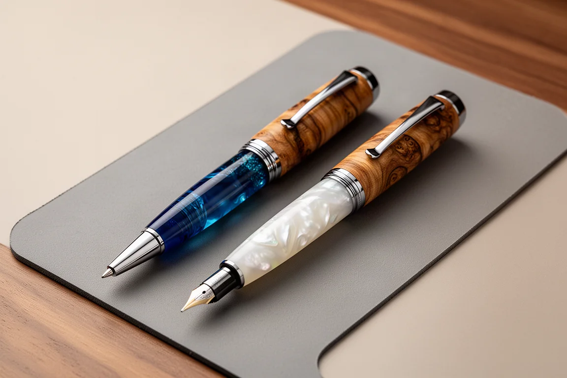 Two fountain pens with blue and white wood-resin barrels side by side on a desk