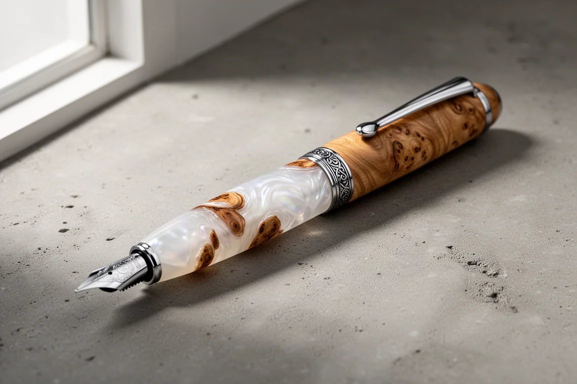 Conklin Spectra Fusion fountain pen with white wood-and-resin barrel on concrete surface