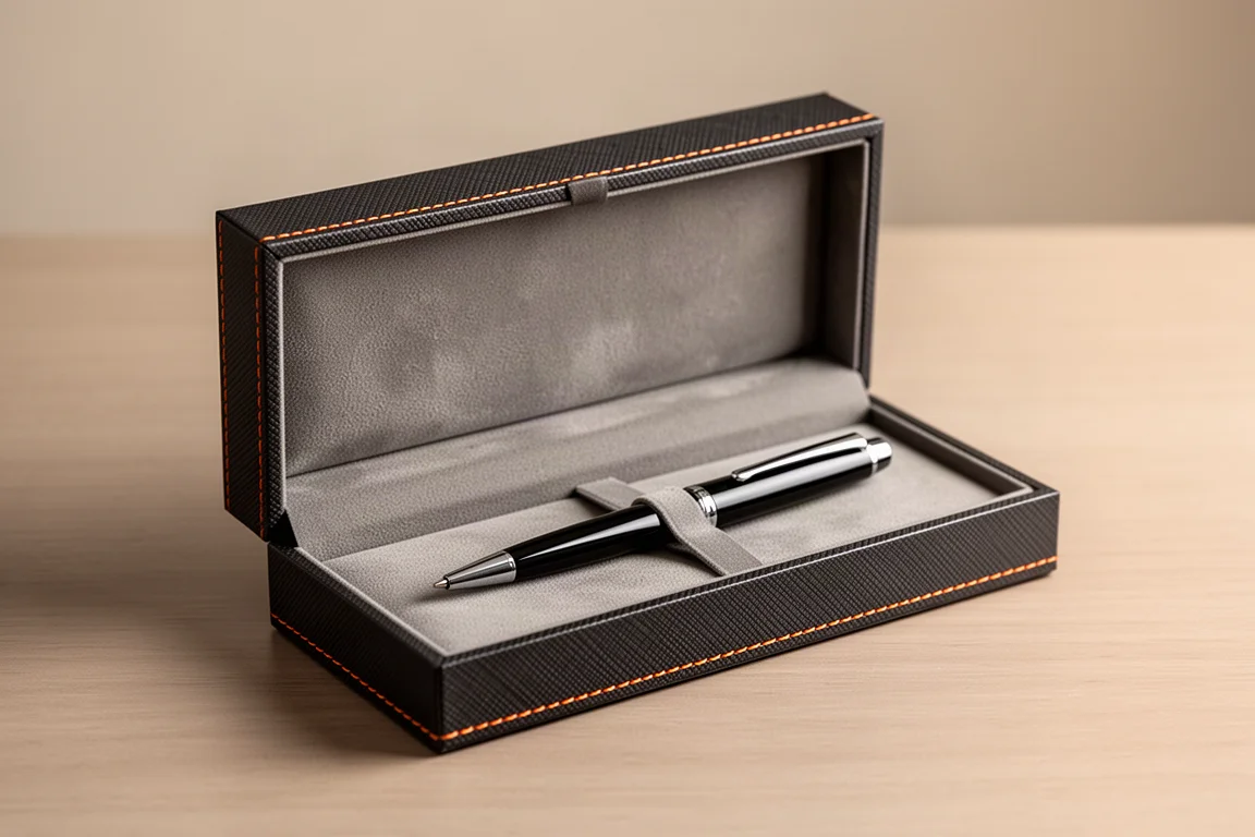 Ręka zdejmująca kapelusz premium pióra z eleganckiego pudełka prezentacyjnego z pomarańczowymi przeszyciami