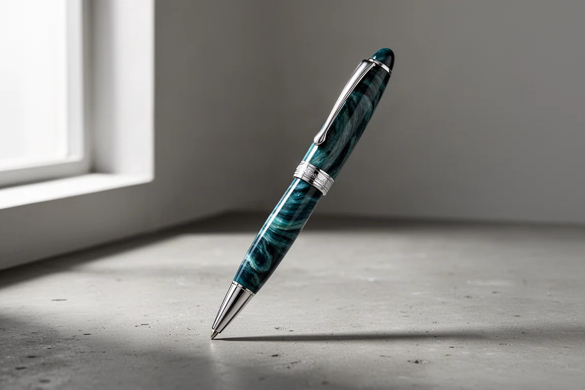 Penna a sfera Conklin Symmetric con barrel in resina blu-verde marmorizzata su superficie di cemento
