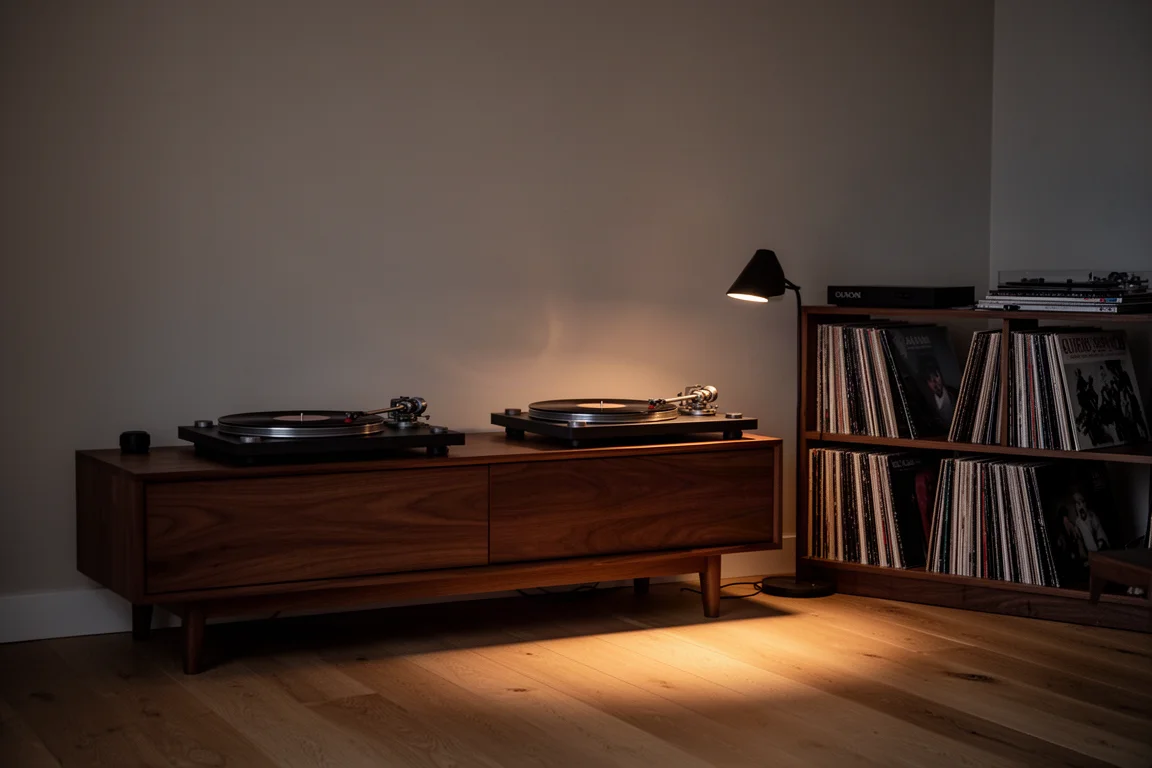 Tyst lyssningsrum på natten med skivspelare, vinylskivor och varm lampljusr