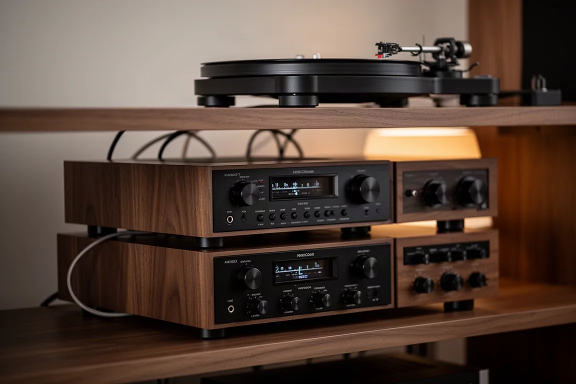 Stapel av vintage hi-fi-komponenter på en trähylla i varmt ljus