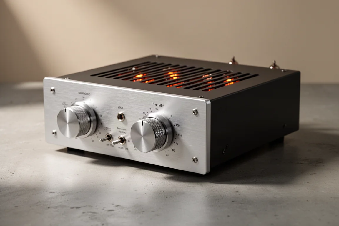 Vintage tube preamplifier with brushed aluminium faceplate on a concrete surface
