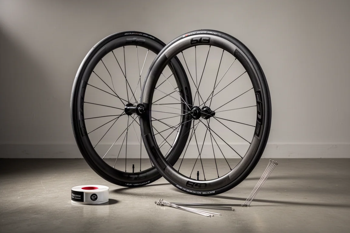 Carbon wielset voor racefiets met 50 mm velgen en brede banden op een betonnen studiovloer