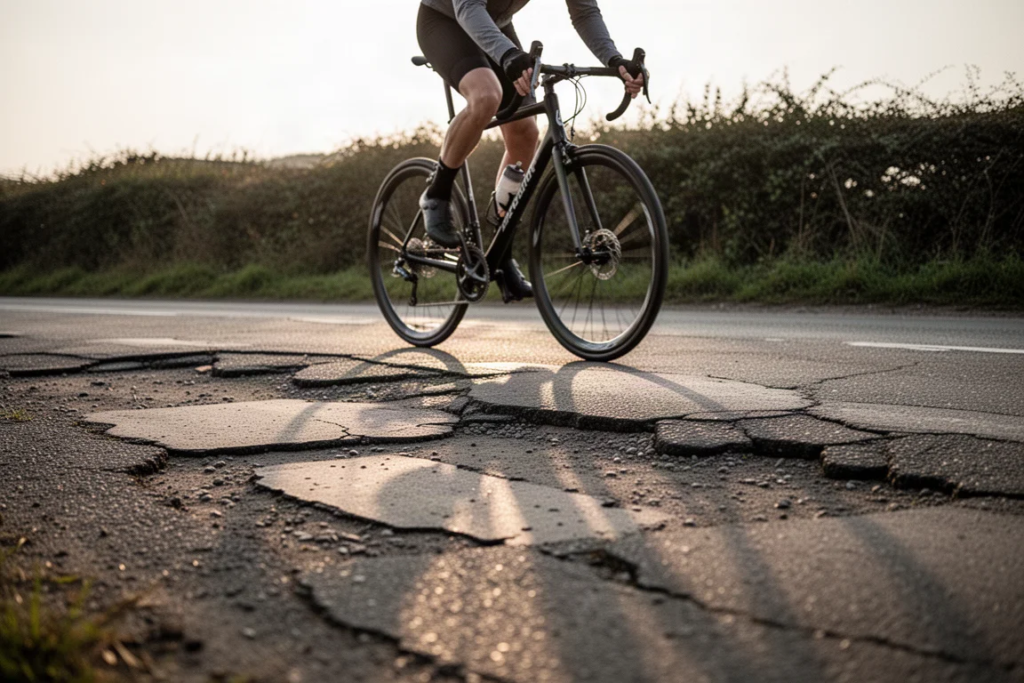 Radfahrer auf einem Rennrad über ein raues Asphaltstück mit rissiger Oberfläche