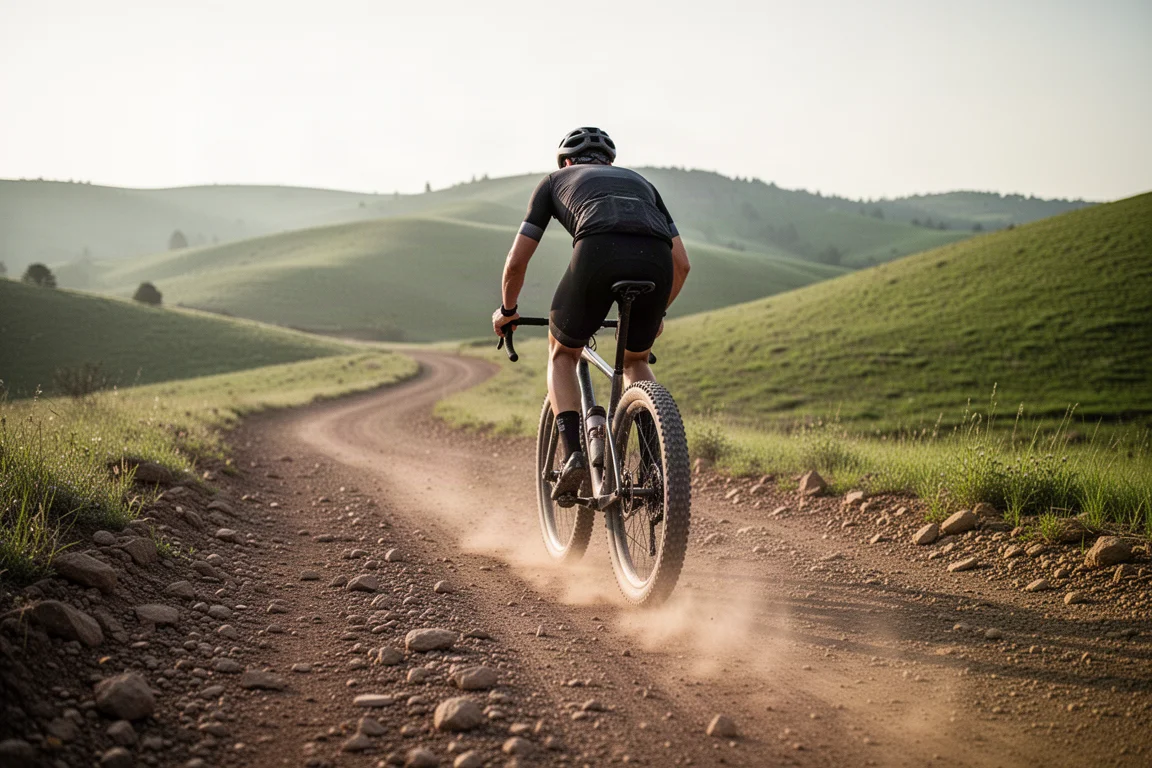 Gravel cyclist riding wide knobby tires along a rocky fire road in green hills