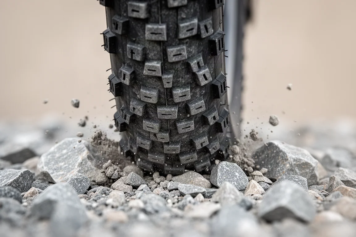 Close-up of wide knobby bicycle tire tread gripping loose gravel and rock