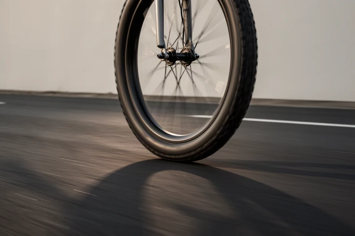 Bicycle wheel with wide knobby tire rolling fast along smooth dark tarmac