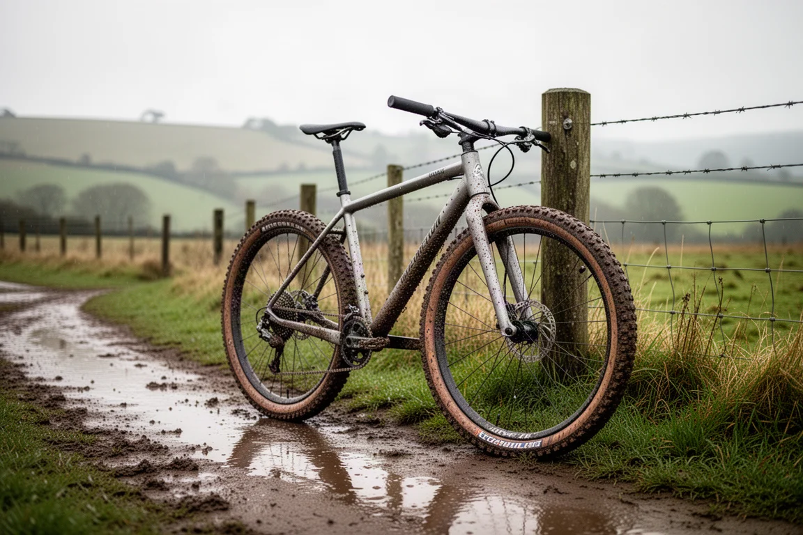 Gravel bike resting against a fence post on a wet, mud-splattered farm track