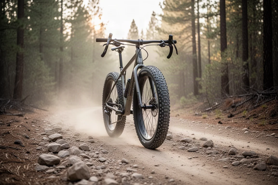 Gravelbike mit breiten Stollenreifen auf einer rauen Wald-Schotterpiste