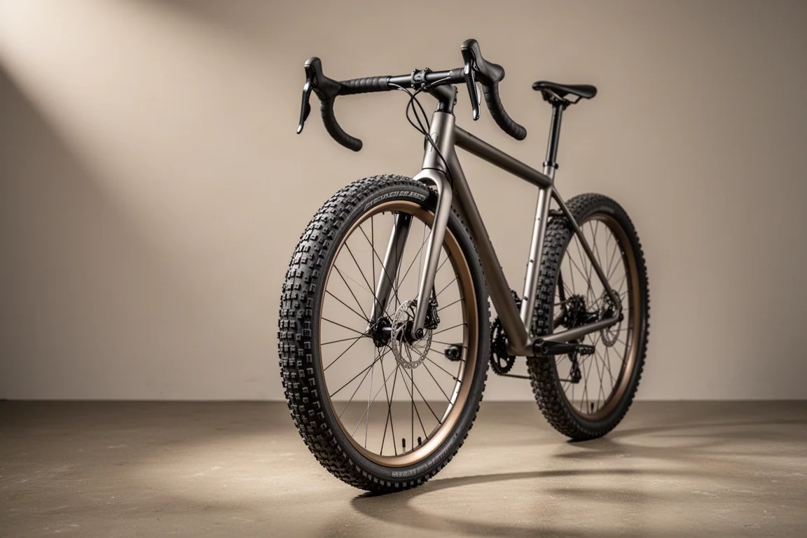 Gravelcykel med brett mönstrat framdäck fotograferad på en betongyta