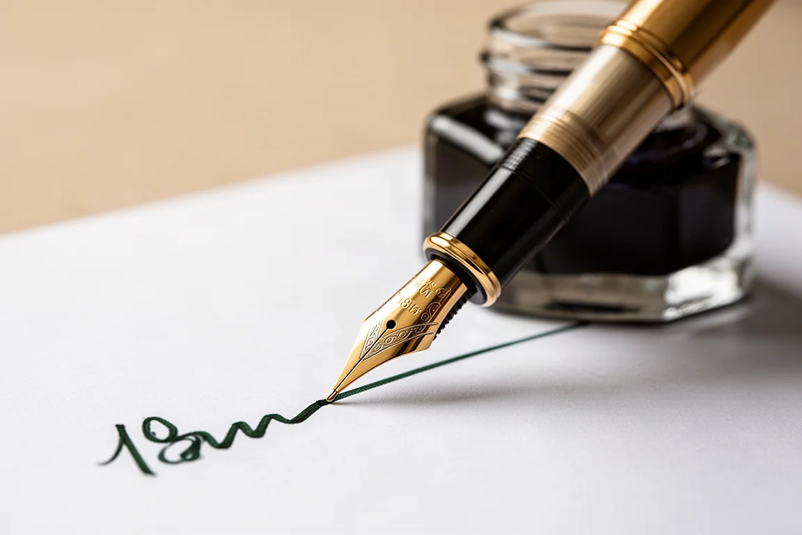 Pennino di una stilografica che scrive su carta bianca accanto a un calamaio aperto