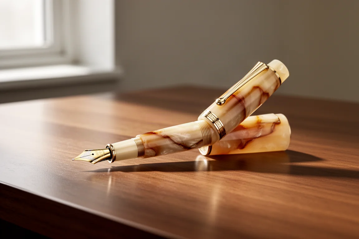 Elegant British fountain pen with warm resin body and gold trim on a wooden desk