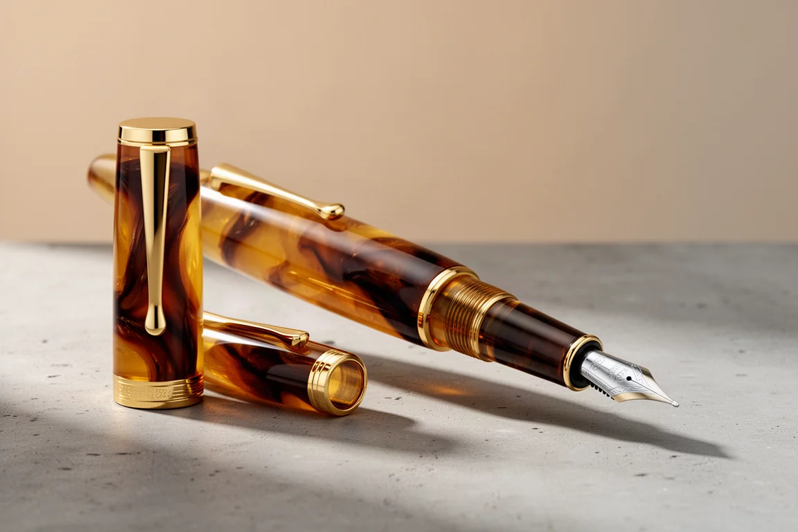 Honey and black marbled fountain pen with gold trim on a wooden desk