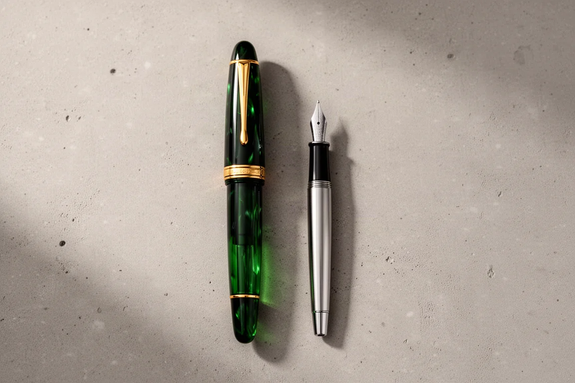 Großer grüner Füllfederhalter neben einem kleineren Stift zum Größenvergleich