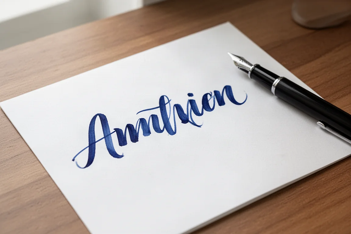 Handschriftliche Tintenprobe auf glattem weißem Papier mit breiter Feder