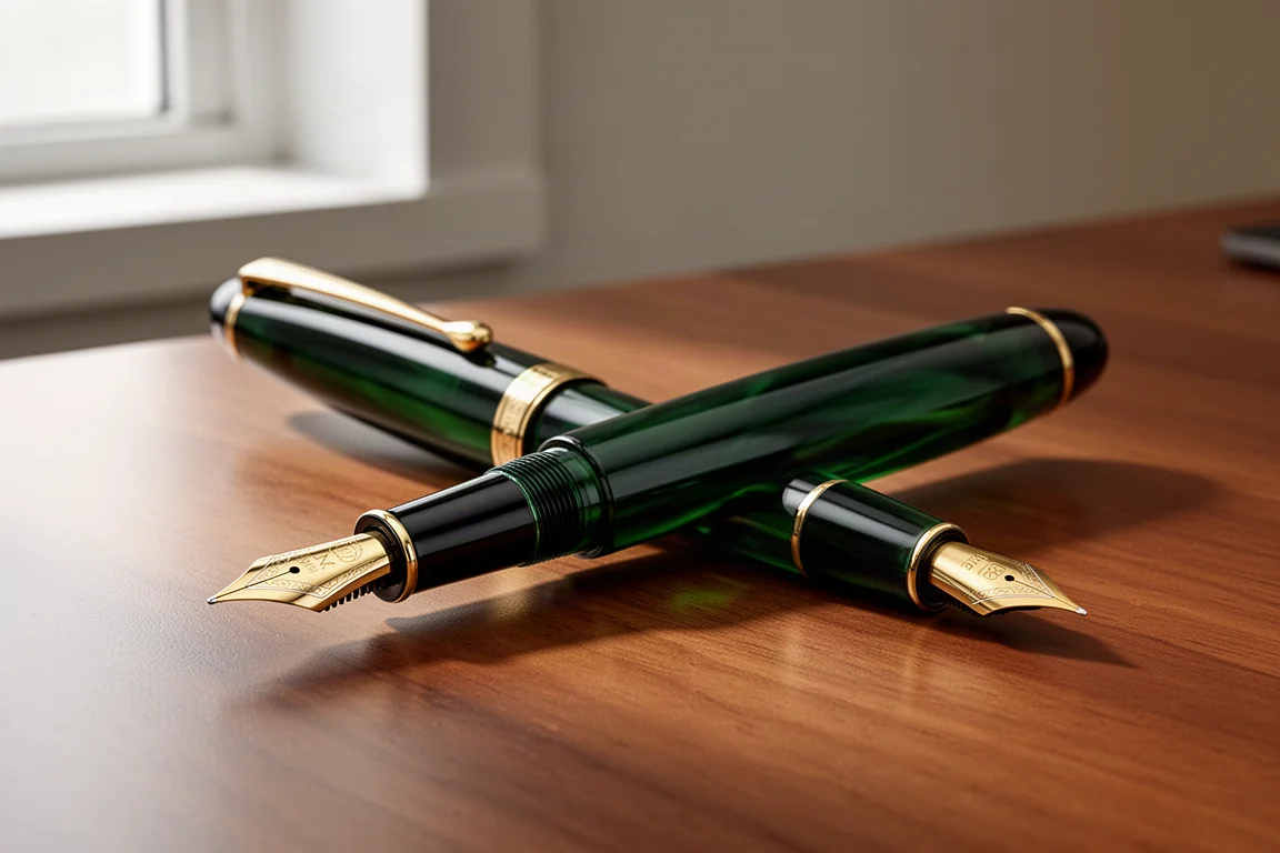 Large green fountain pen with gold trim resting on a wooden desk