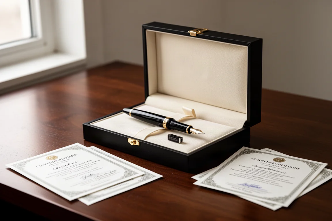 Scena di unboxing di una fountain pen con scatola da regalo, nastro e certificati