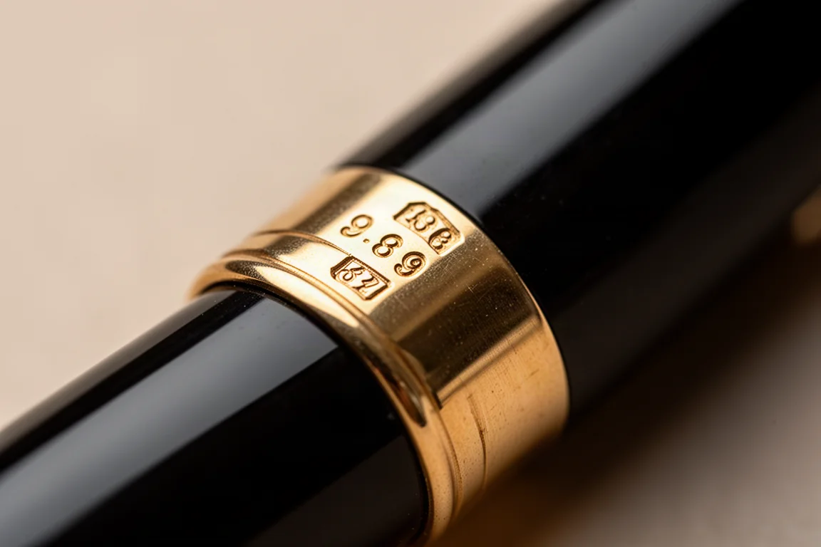 Primo piano dei punzoni incisi sulla fascia dorata del cappuccio di una fountain pen