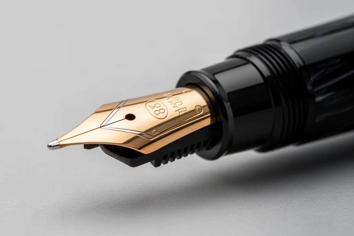 Primo piano del pennino e della sezione di una fountain pen con pennino dorato e feeder in plastica