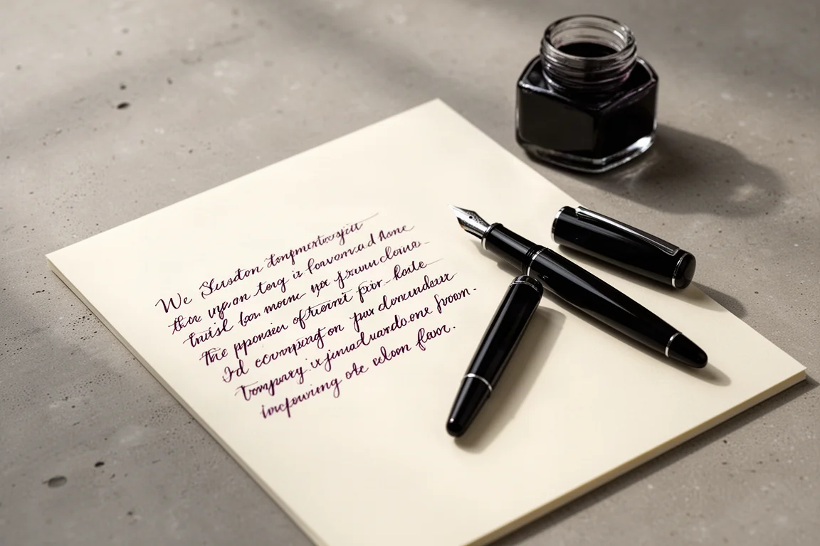 Pagina di prova di scrittura a mano con un inchiostro nero tendente al viola per fountain pen