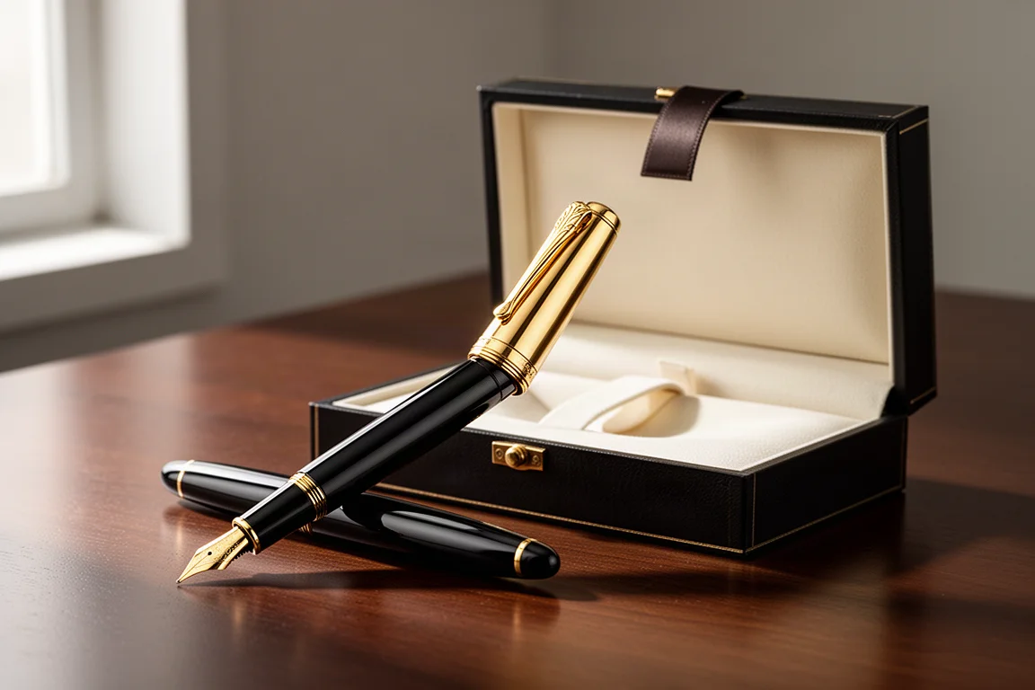 Black and gold limited edition fountain pen beside an open presentation box on a wooden desk