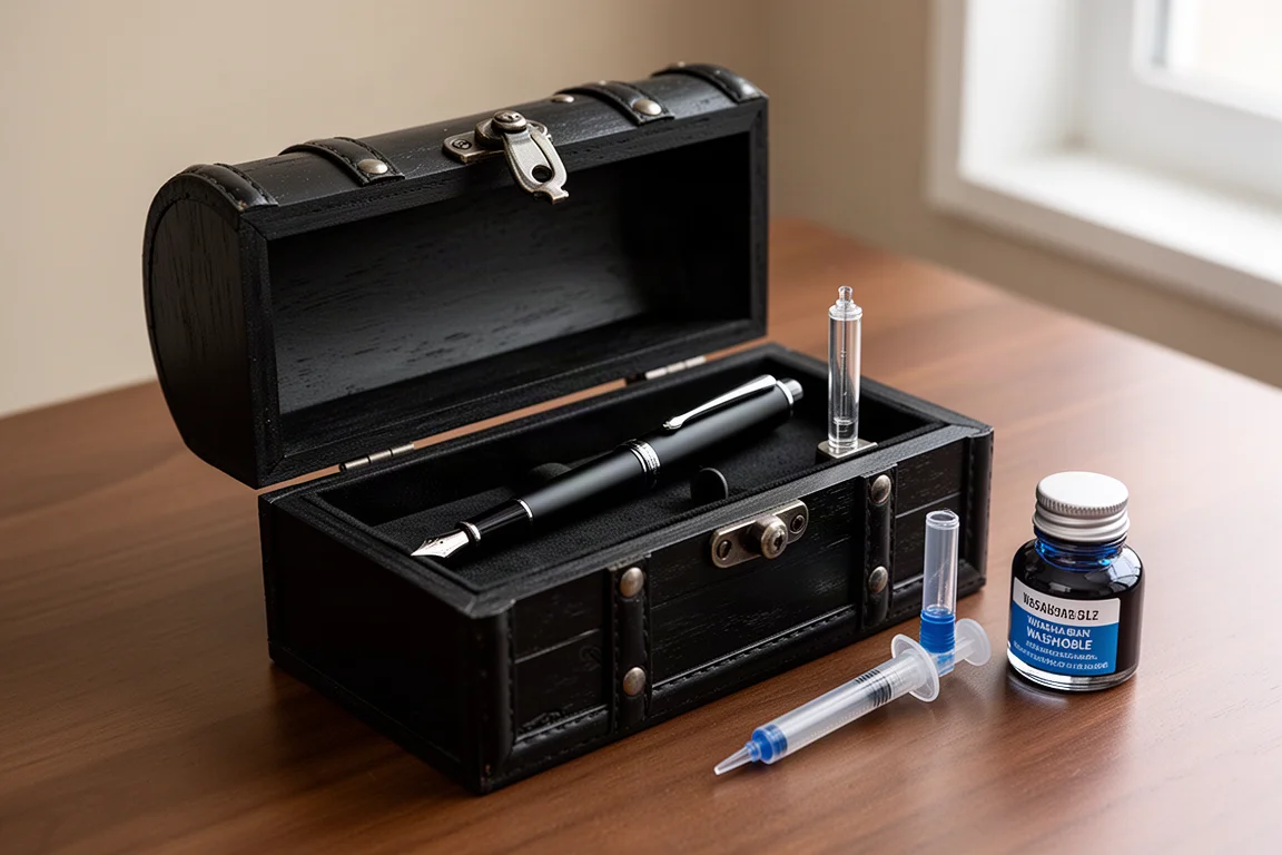 Grande coffret de présentation en forme de coffre au trésor ouvert, avec une seringue de remplissage d'encre à l'intérieur