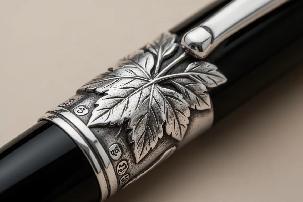 Gros plan sur le détail de la feuille d'argent appliquée à la main sur le corps noir du stylo