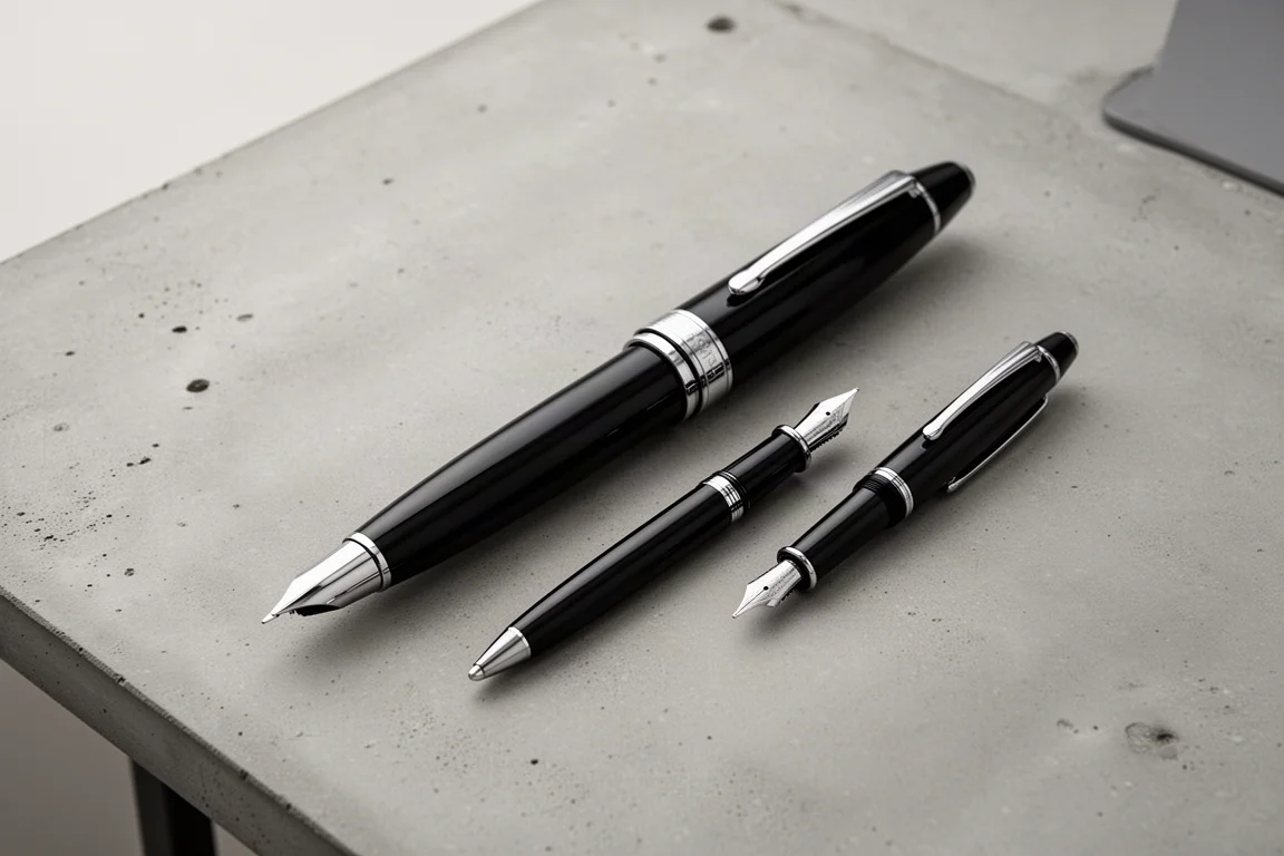 Comparaison du stylo surdimensionné à côté de stylos-plumes plus petits et ordinaires posés sur un bureau