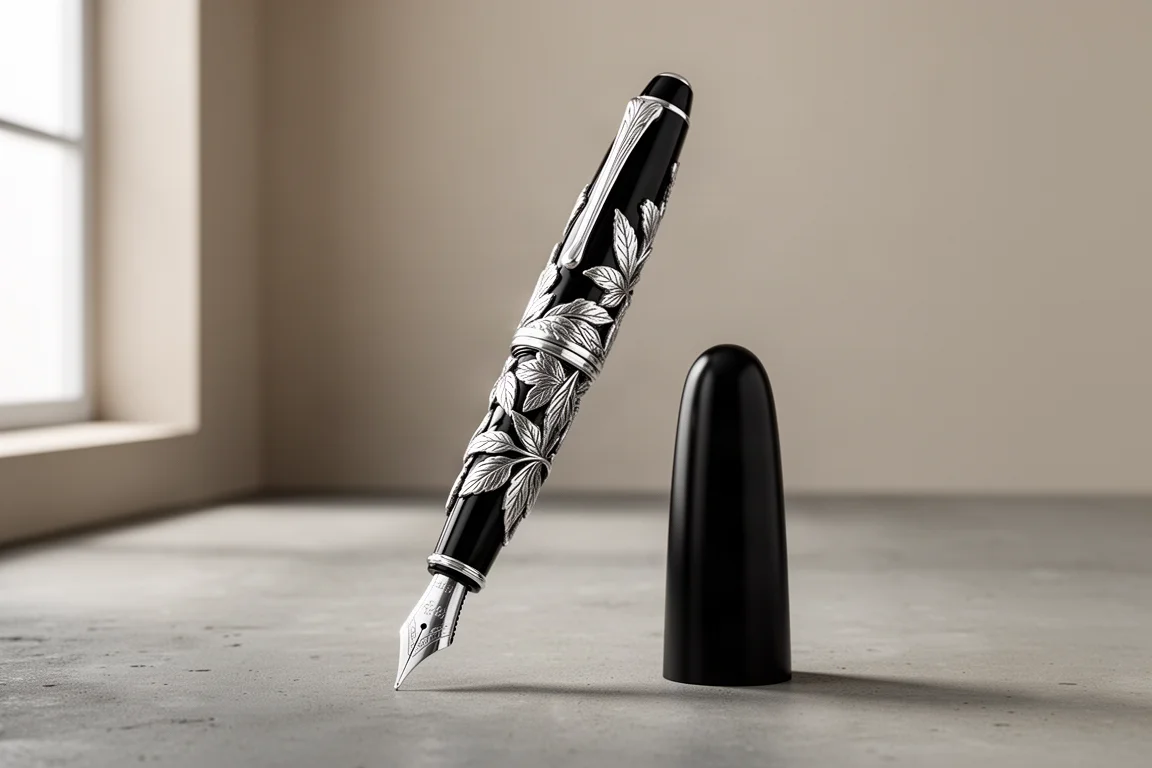 Oversized black fountain pen with sterling silver leaf overlay on concrete surface