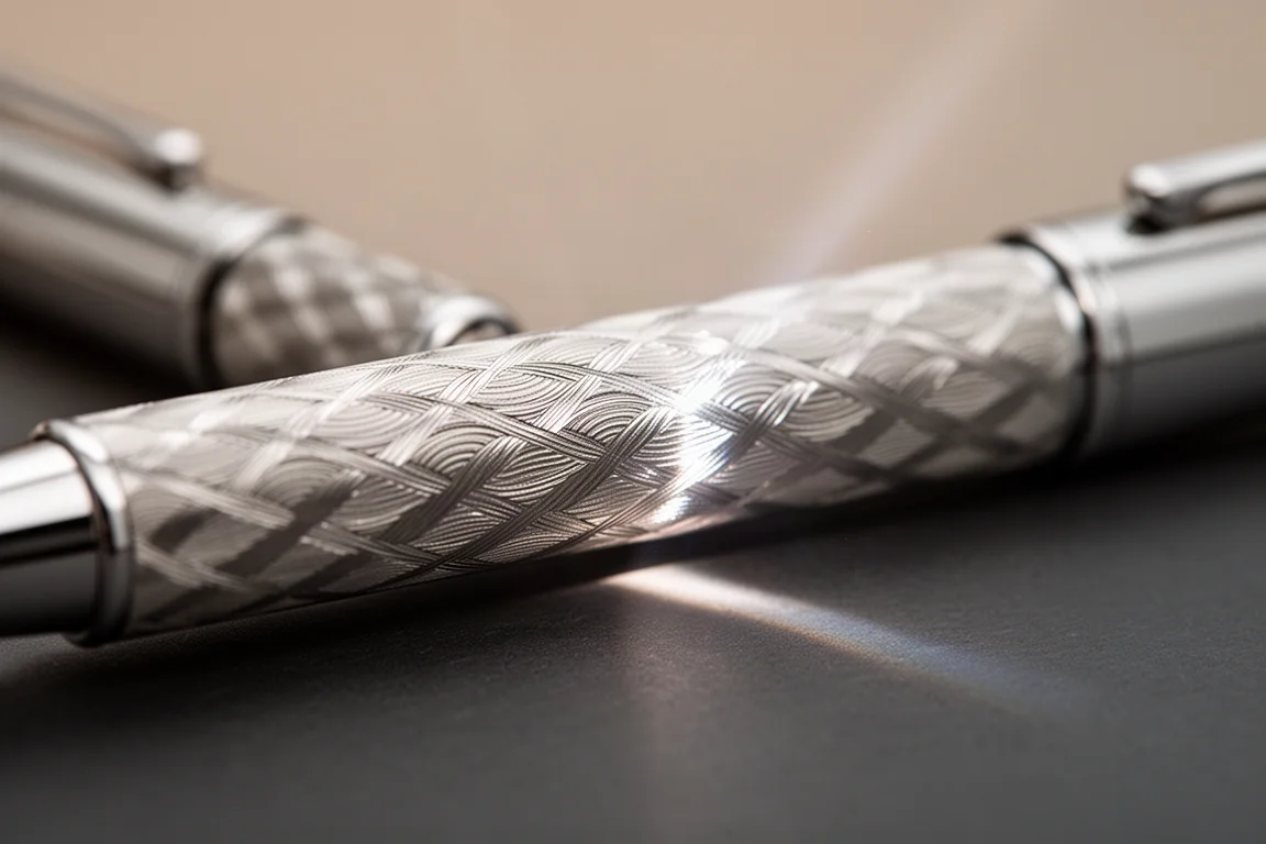 Fusto dello stilografico in argento sterling che cattura la luce su un motivo guilloché machine-szato