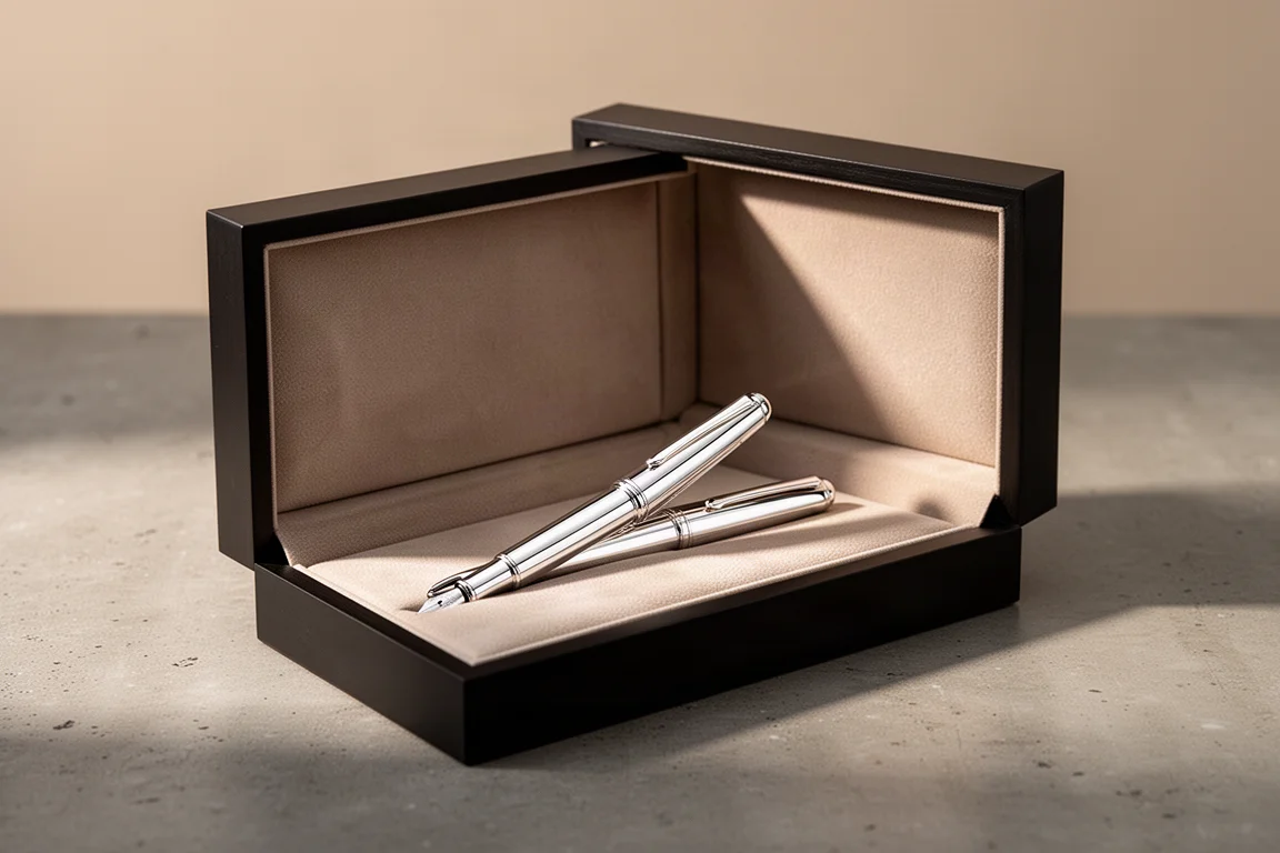 Elegante astuccio espositivo aperto con uno stilografico in argento sterling appoggiato all'interno