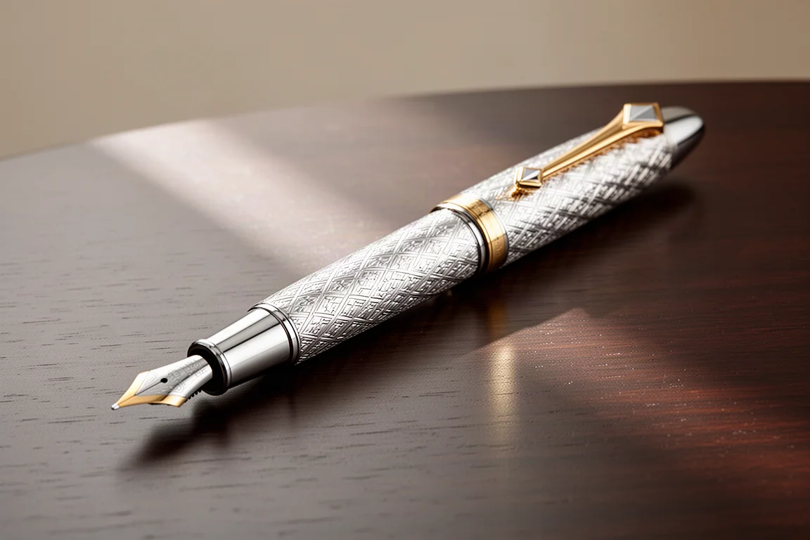 Stilografico in argento sterling con motivo guilloché e clip dorata su una scrivania di legno scuro