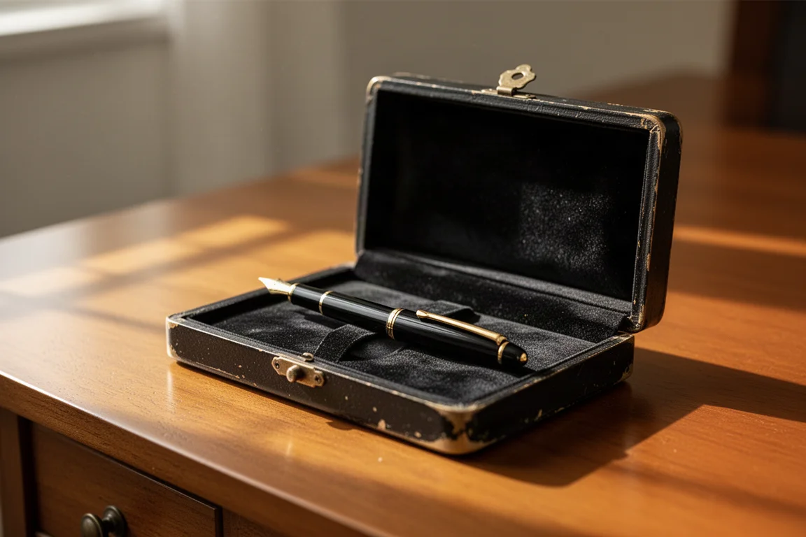Unboxing-Szene mit einem Füllfederhalter in einer Präsentbox im Vintage-Stil auf einem Holztisch