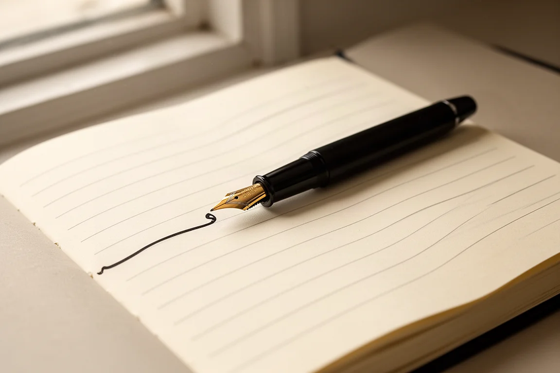 Füllfederhalter aufgeschraubt auf einem Notizbuch beim Journaling, Nahaufnahme der Feder auf dem Papier